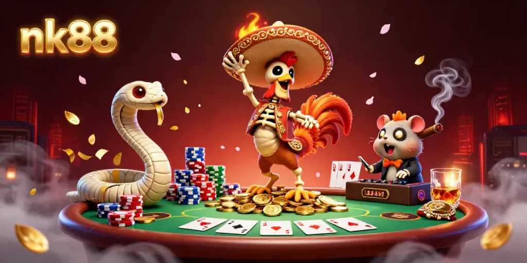 Engage in exciting gaming at nk88 with a vibrant 3D casino scene featuring lively characters.