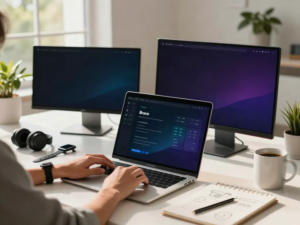 Explore the Brave browser on a digital workspace with privacy dashboard.