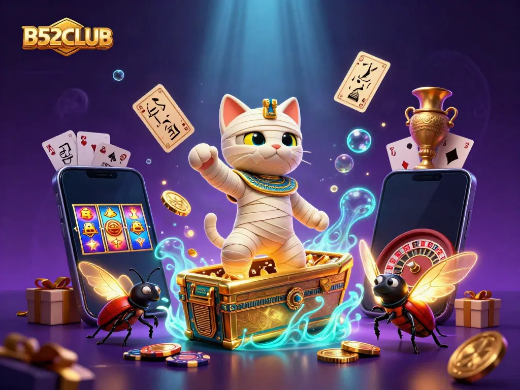 Experience B52CLUB excitement with an animated scene of a mummy cat and pokies!