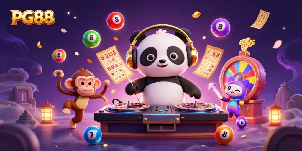 Experience the vibrant PG88 casino atmosphere with a DJ panda, dancing monkey, and glowing kitten in a lively scene.