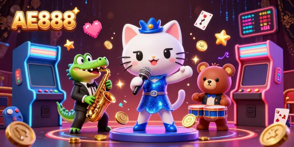 Experience the thrill of AE888 with lively casino elements and vibrant characters in a dynamic 3D scene.