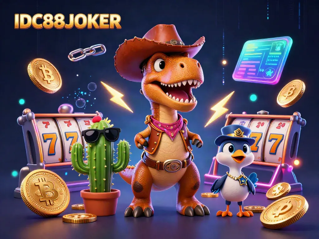 Experience thrilling gaming action with IDC88JOKER's vibrant illustration featuring lively characters and slot machines.
