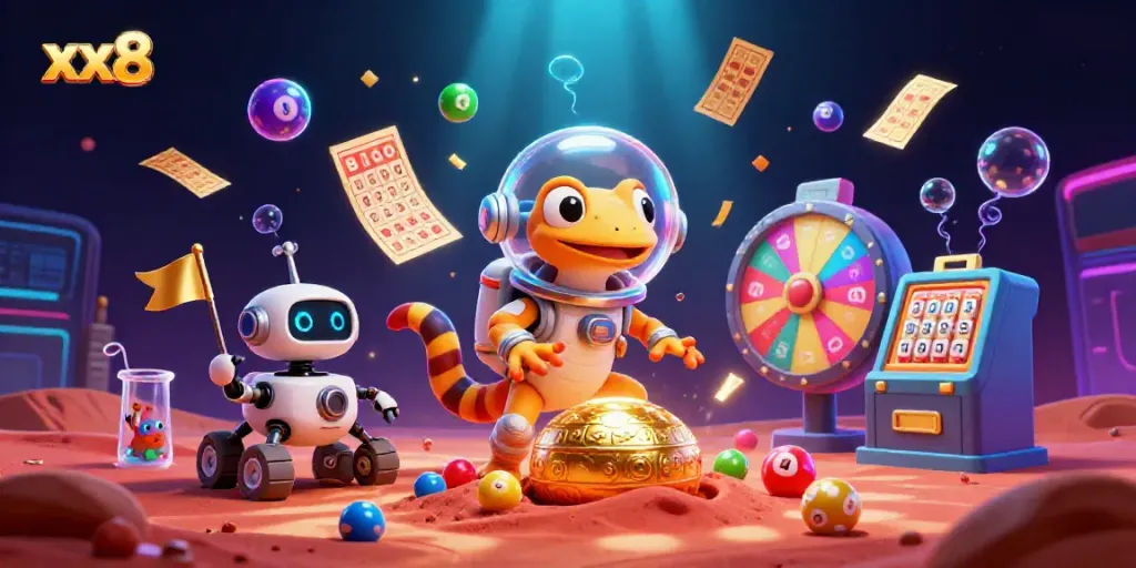 Experience the excitement of xx8 online casino with a Martian gecko discovering treasures in a vibrant 3D world.