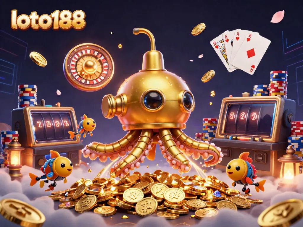 Engage in exciting betting at loto188 with a vibrant illustration of a golden kraken submarine and casino elements.