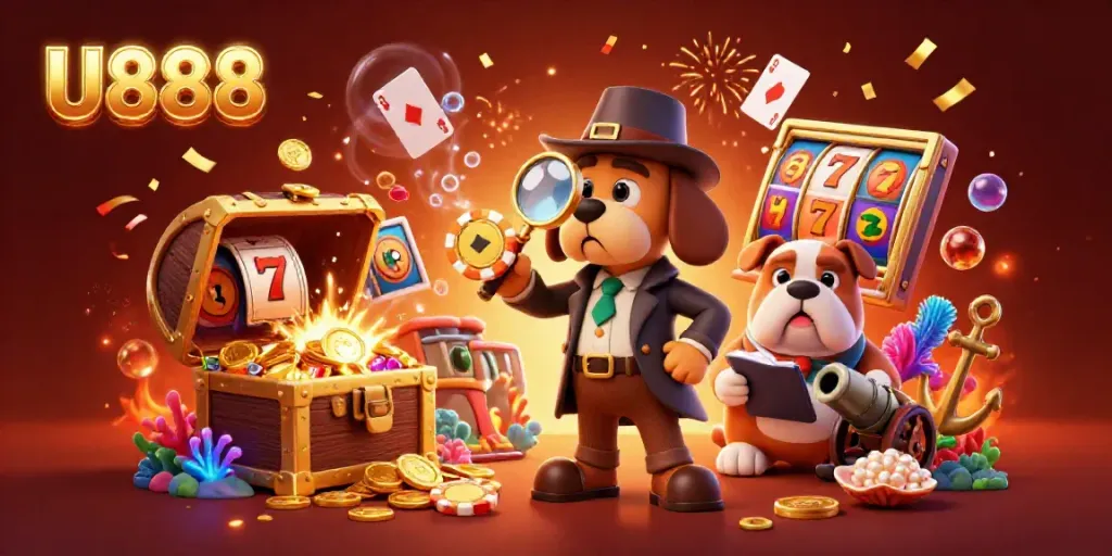 Explore U888's vibrant casino scene featuring a detective duo among jackpots and treasures.