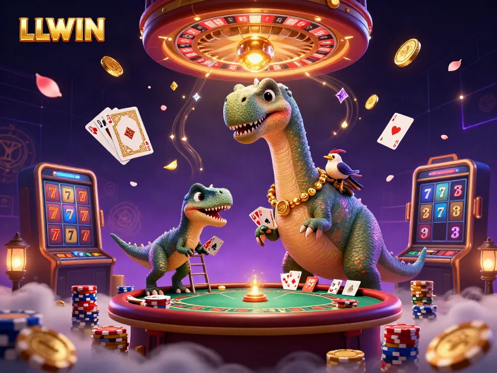 Engage in thrilling casino action with LLWIN's colorful 3D illustration featuring dynamic characters and rich game elements.