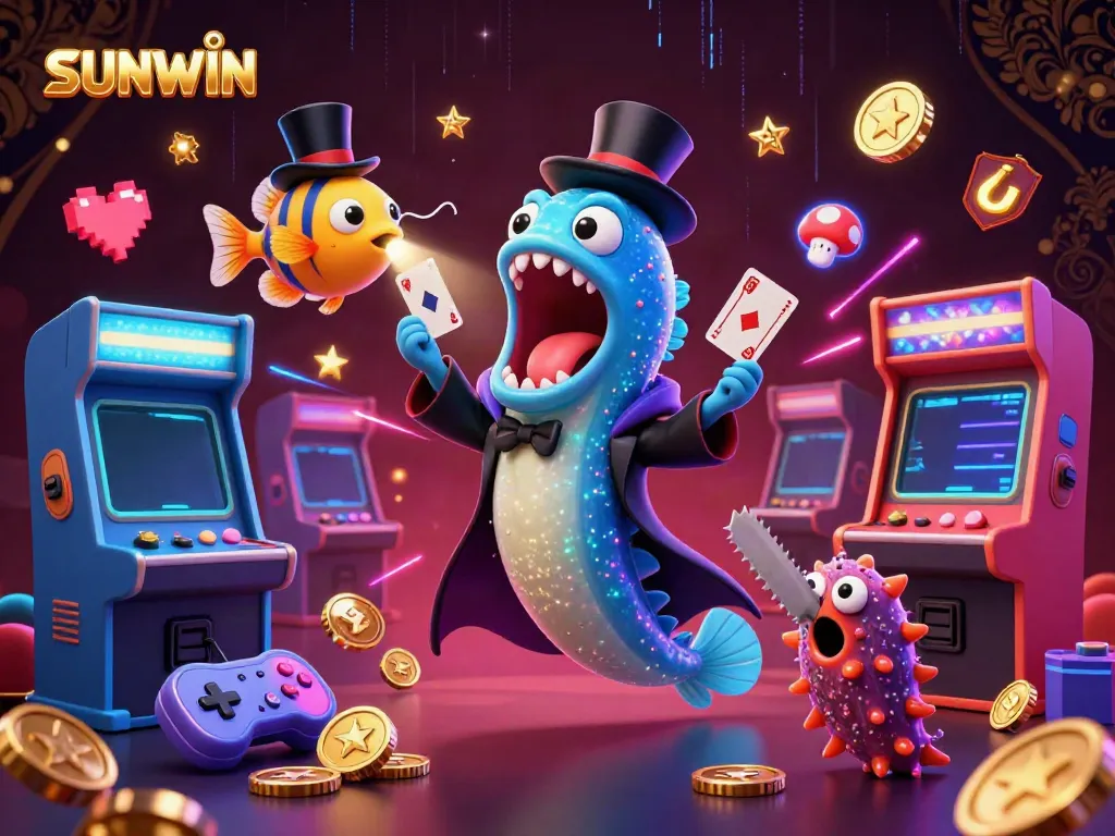 SUNWIN showcases a vibrant casino scene with animated characters performing magic tricks amid glowing game elements.