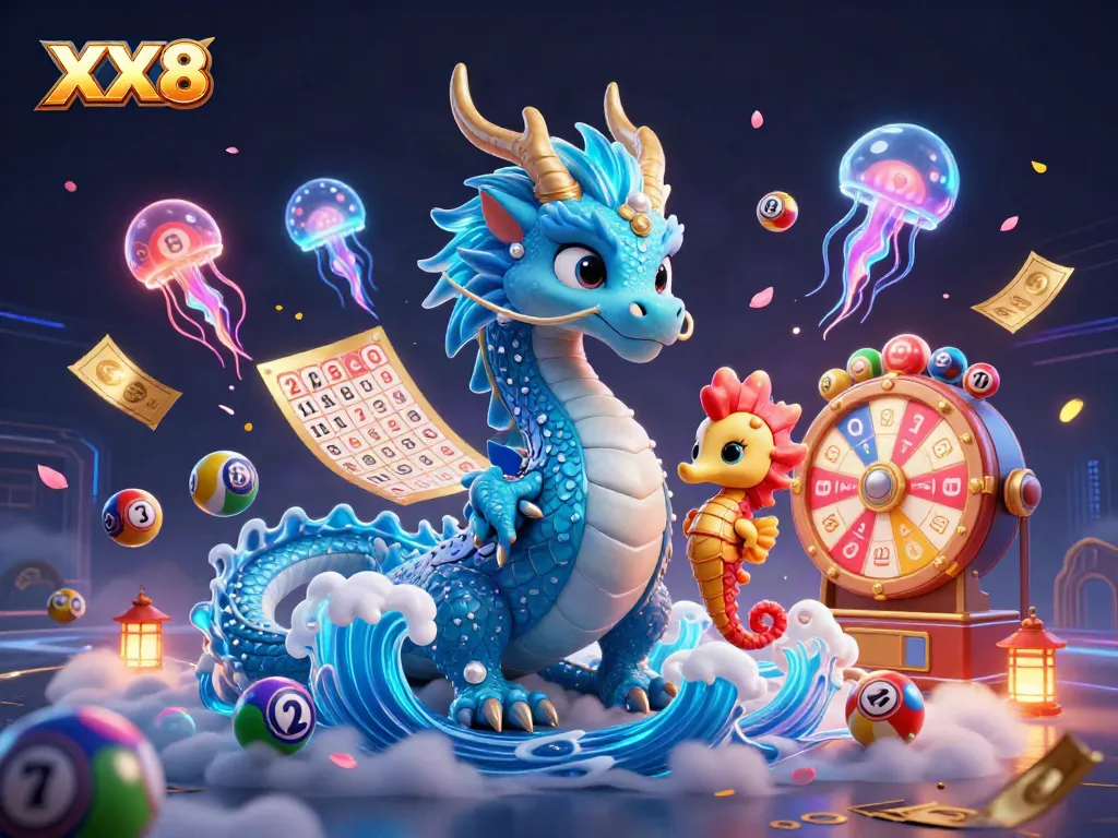Engage with the vibrant fantasy scene of XX8 featuring a majestic water dragon and a seahorse knight amidst dynamic lottery elements.