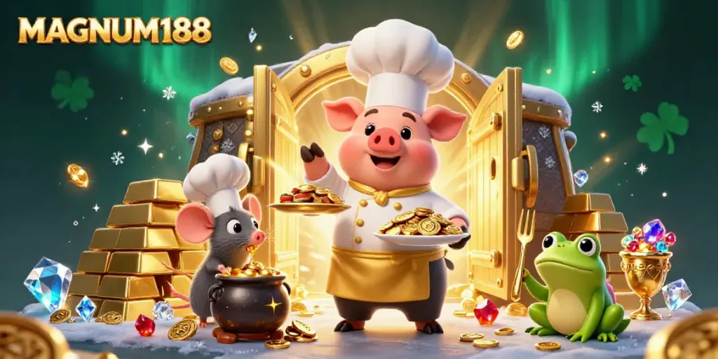 Experience jackpot thrills with MAGNUM188, featuring lively characters and dazzling treasures.