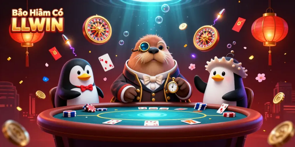 Experience Bảo Hiểm Cược LLWIN with an engaging underwater poker scene featuring a walrus and dealer