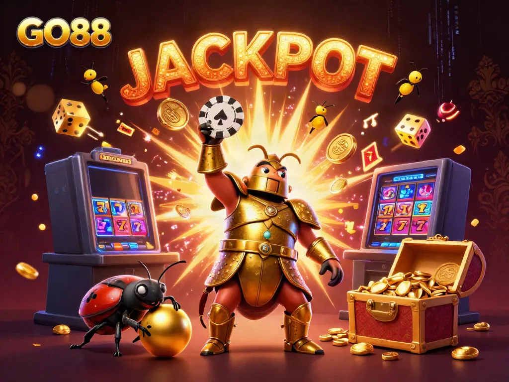 Experience the excitement at GO88 with a victorious beetle, jackpot coins, and colorful casino games.