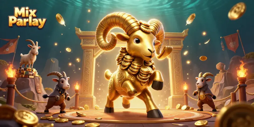 Experience the thrill of Mix Parlay with a dynamic scene featuring a golden ram surrounded by betting tokens and arena effects.