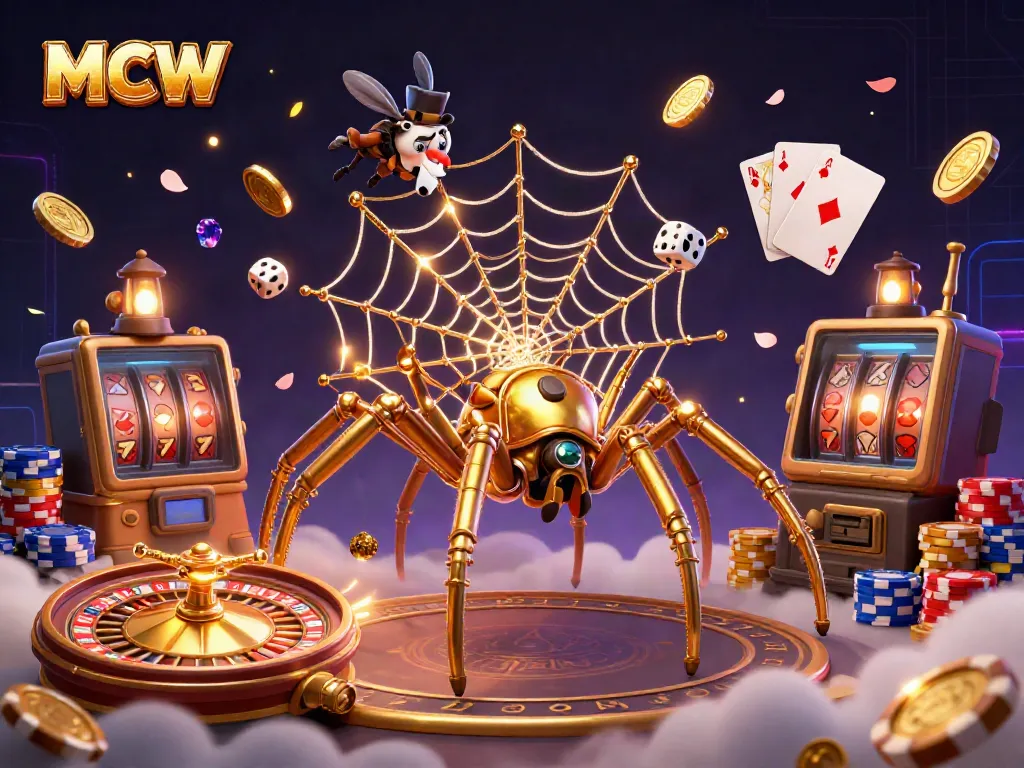 MCW brings vibrant casino action with a steampunk spider and playful visuals in a rich 3D illustration.