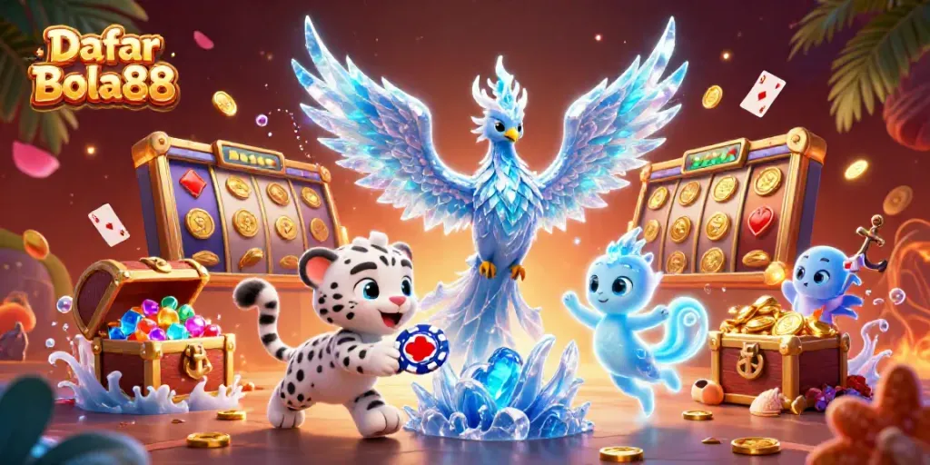 Engage with Daftar Bola88 through an energetic, colorful casino scene featuring an ice phoenix and playful characters.
