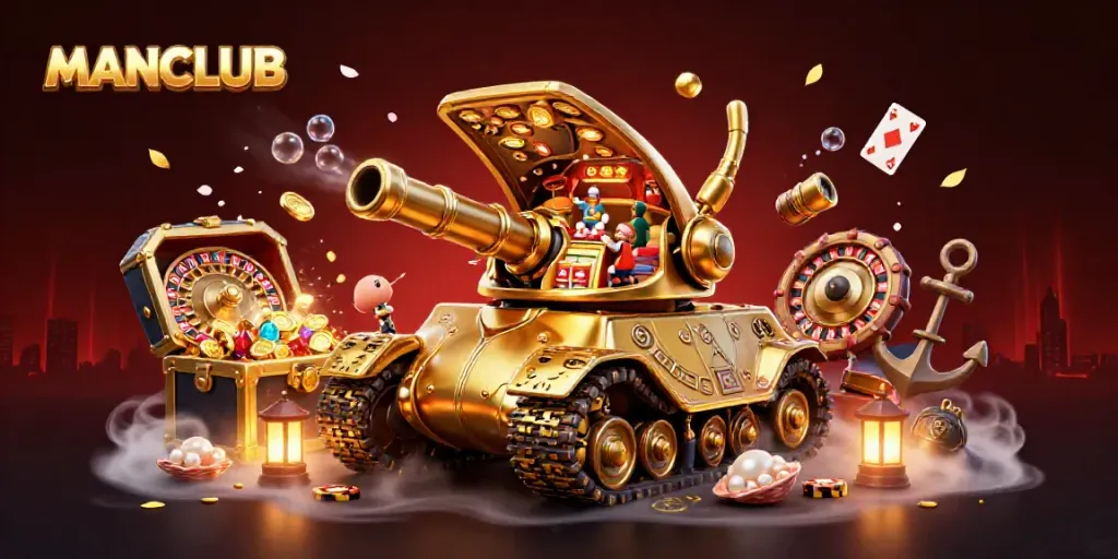 Experience adventure at the MANCLUB casino with a golden tank and thrilling gaming elements.