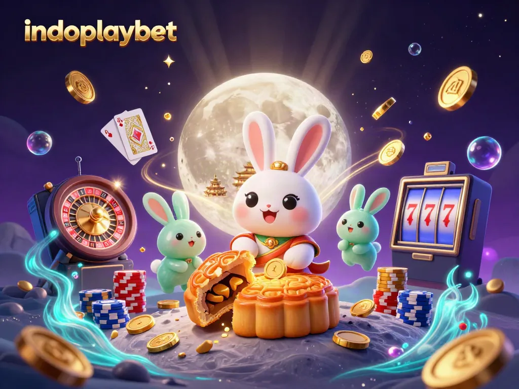 Indoplaybet mempersembahkan ilustrasi 3D kartun bulan kelinci dengan poker chip dan elemen kasino.
