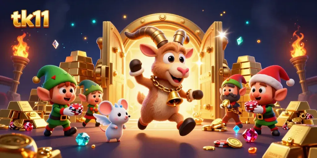 Engage in thrilling casino action with a vibrant tk11 scene featuring a Krampus goat, angel mouse, and elf gremlins.