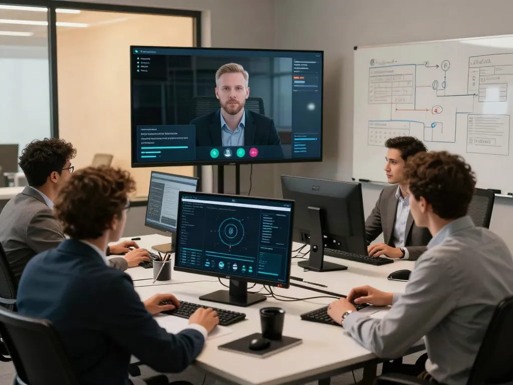 Deepfake-protected meetings in a collaborative office environment showcasing cybersecurity professionals.