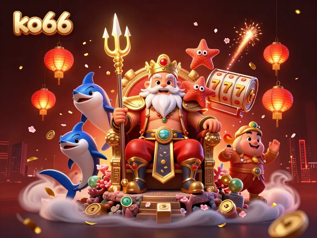 Unleash your luck with ko66 at the vibrant casino, featuring a whimsical sea king and dynamic slot elements.