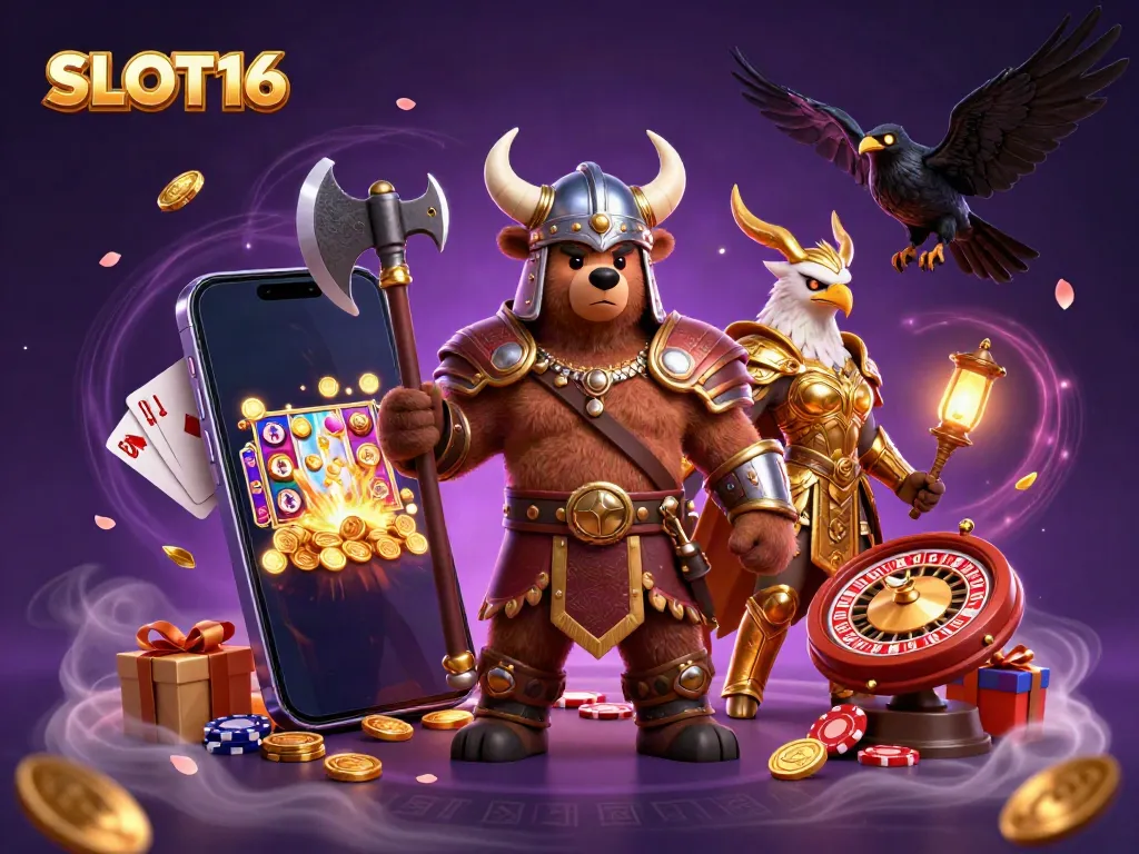 Engage in thrilling slot action with SLOT16, featuring a Viking bear and Valkyrie eagle amidst a vibrant casino scene.