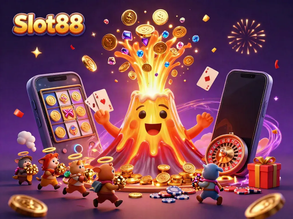 Experience Slot88's exhilarating slots with a golden volcano bursting with treasure and animated characters.