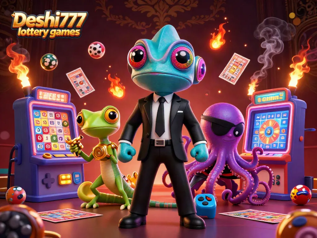 Engage with Deshi777 lottery games featuring colorful machines, chameleon agent, and gecko companion.