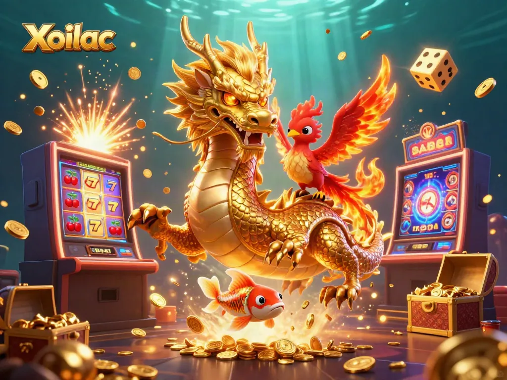 Xoilac showcases an energetic casino scene with a dragon, phoenix, and koi fish amid slot machine elements.