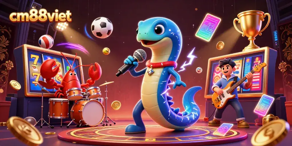 Experience the vibrant underwater casino scene with cm88viet through an electric eel DJ and lively backup band.