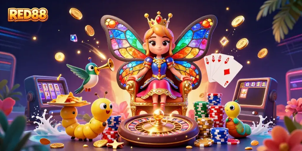 Experience the vibrant energy of RED88 with a butterfly queen, poker chips, and golden coins in this dynamic casino scene.