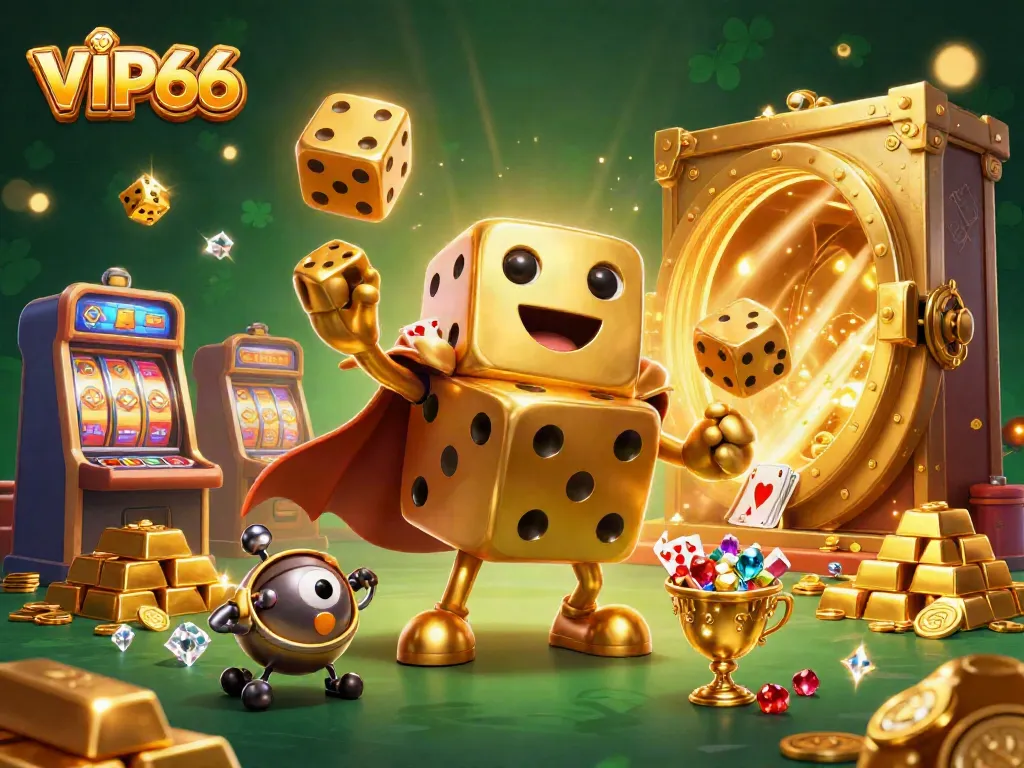 Experience thrilling gameplay at VIP66 with a massive golden dice golem and vibrant casino elements.