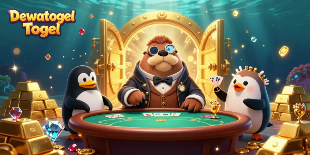Dewatogel Togel gaming scene with a walrus, penguin dealer, and pufferfish in an underwater casino setting.
