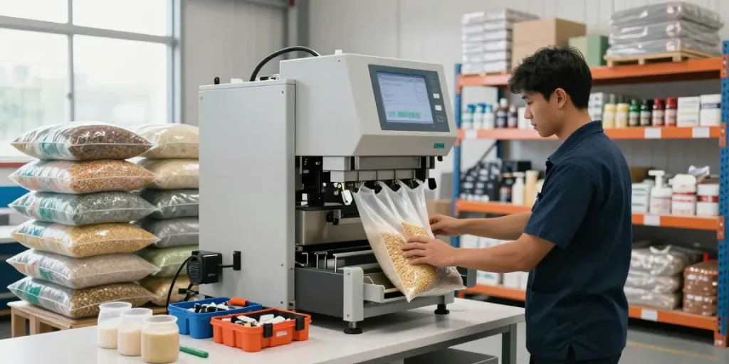 Auto bagging machine in action by a leading bagging machines manufacturer, filling diverse products with precision in a professional warehouse.