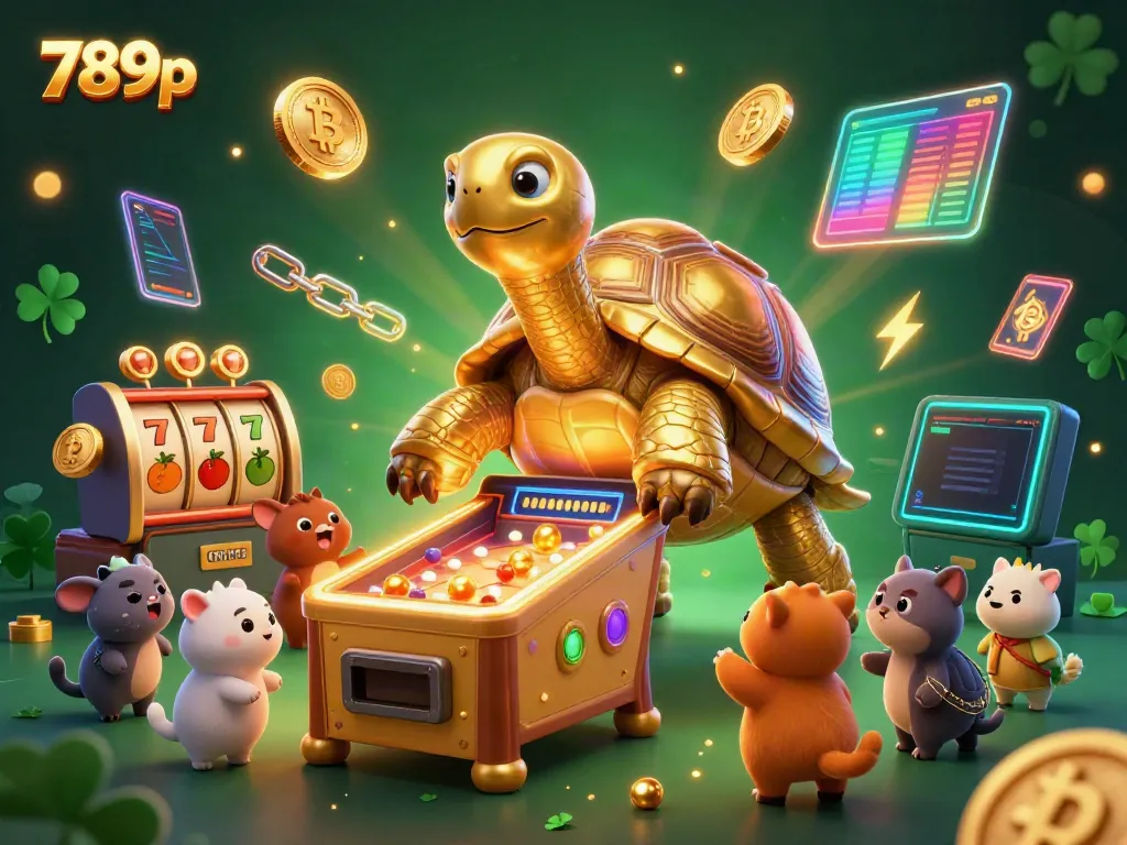 Engage with 789p at this vibrant 3D illustration featuring a golden tortoise pinball machine amidst slot game excitement.