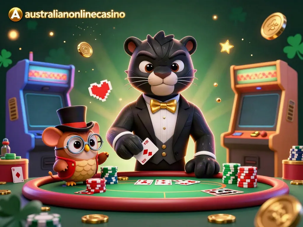 Experience thrilling gameplay at australianonlinecasino while a stylish panther, wise owl, and lucky mouse showcase casino excitement.