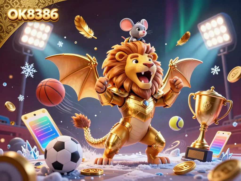 Experience the exciting atmosphere of OK8386 with high-energy casino elements like sports balls and a triumphant chimera.