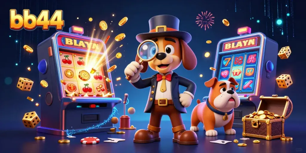 Experience the thrill of winning with bb44 as our detective duo hunts for jackpot treasures in a vivid casino scene.