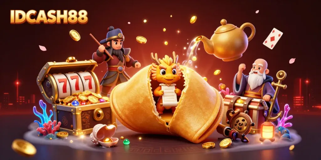Experience the excitement of IDCASH88 with a golden fortune cookie scene packed with vibrant casino elements.