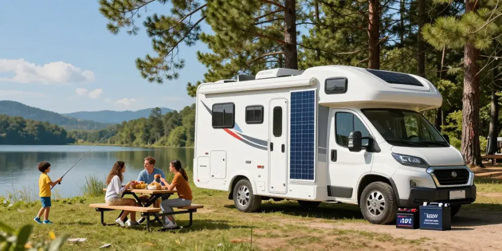 Family enjoying a sunny camping trip with 12v batteries for RV power.