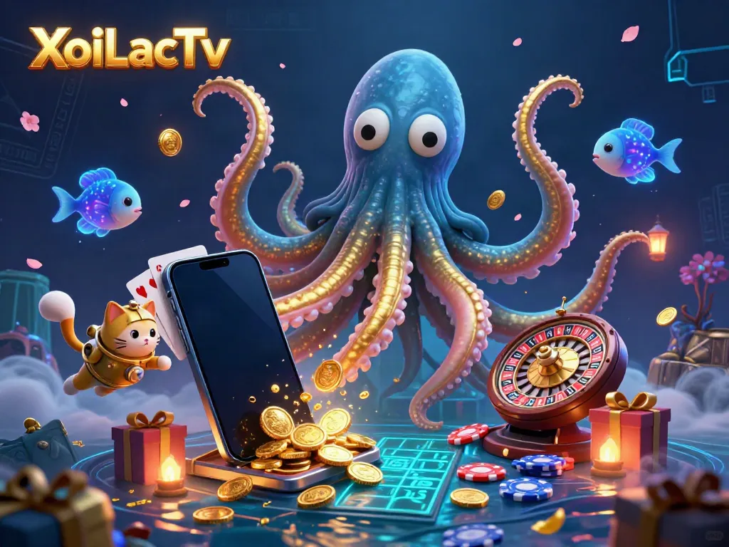 XoiLacTv showcases thrilling slot action with a dynamic kraken character in this vibrant 3D illustration.