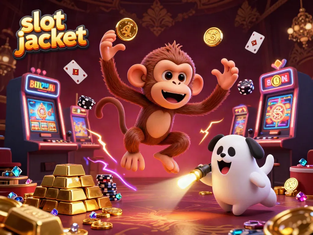 Experience the thrill of hitting a slot jackpot with a mischievous monkey and ghost-hunter puppy in a vibrant casino.