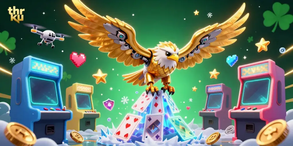 Experience the thrill of thr ku with cybernetic eagles soaring through gaming excitement, surrounded by vibrant casino elements.