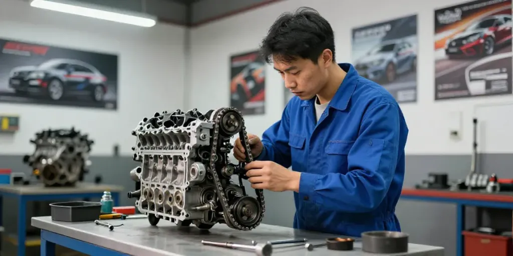 Expert mechanic working on steuerkette wechseln hannover in a professional automotive garage.