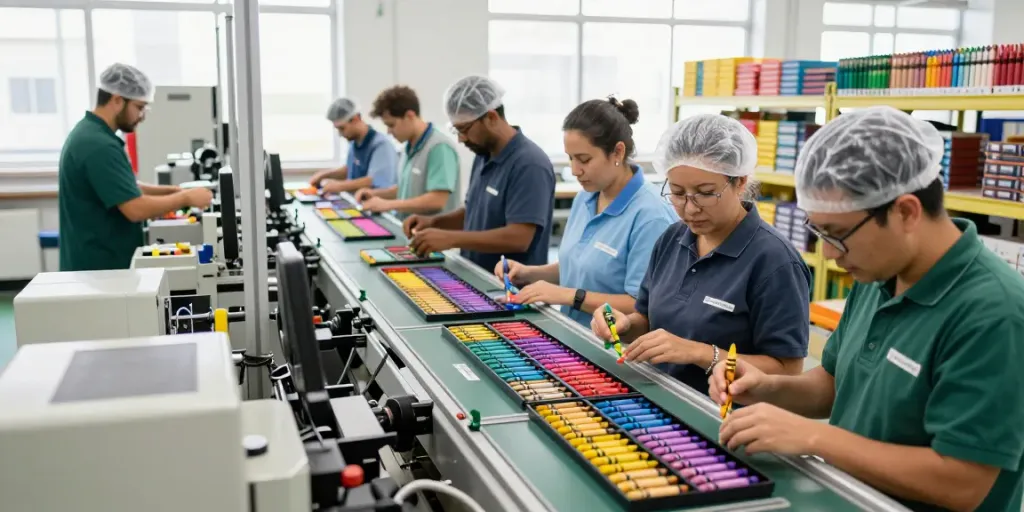 Crayon manufacturer inspecting eco-friendly beeswax crayons in a vibrant factory.
