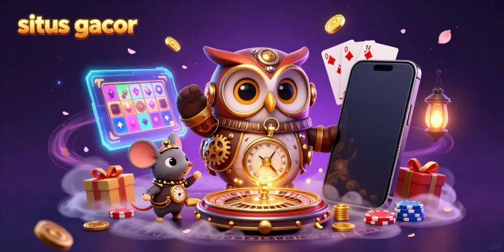 Engage with situs gacor in this vibrant 3D illustration showcasing a time-traveler owl amidst dynamic casino elements.