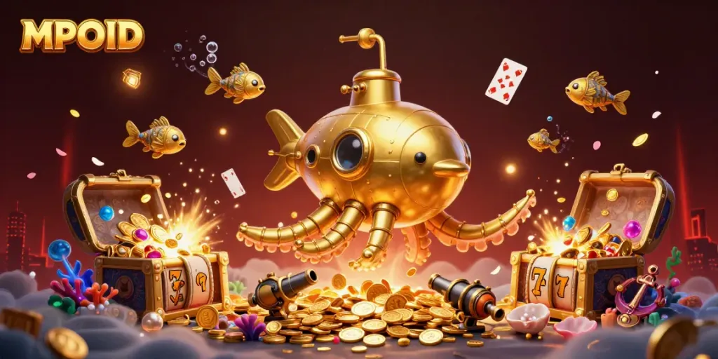 MPOID showcases a vibrant underwater casino scene featuring a golden kraken submarine surrounded by colorful slot game elements.