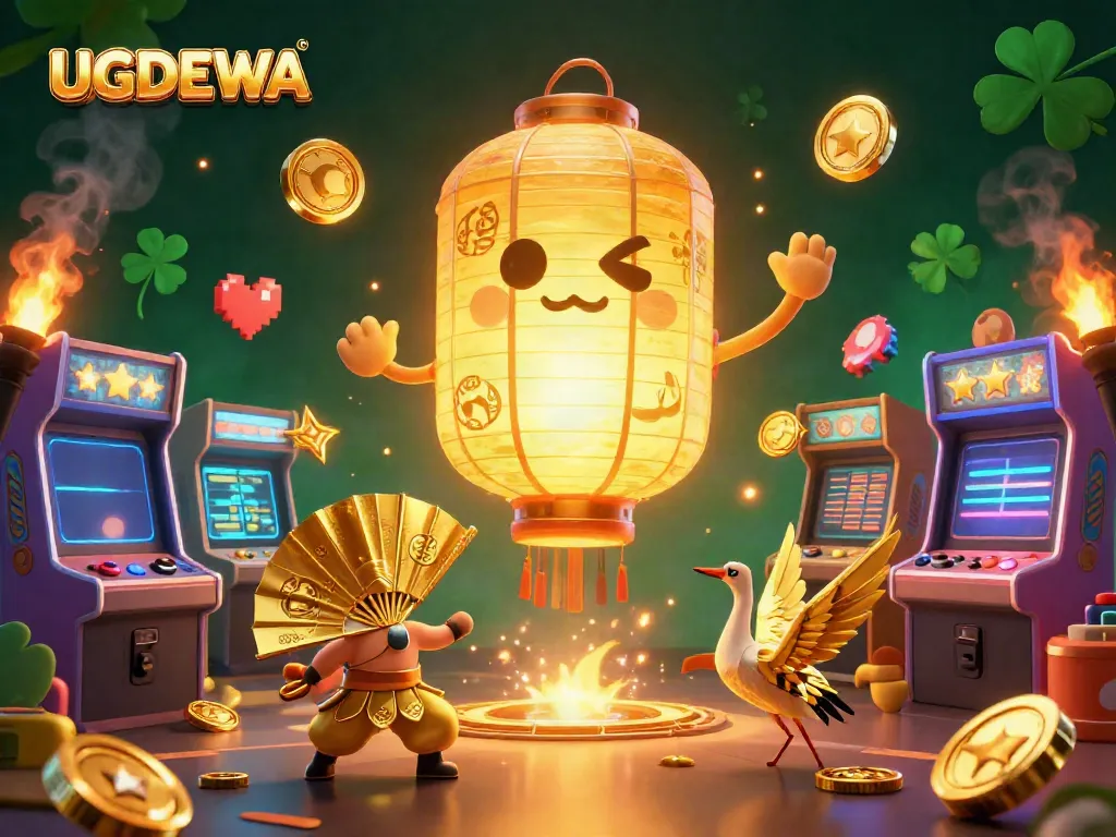 Experience the vibrant gaming world of UGDEWA with the glowing spirit above a bustling night market casino.