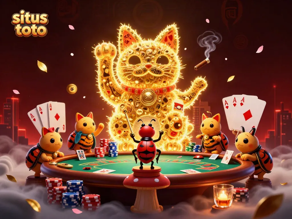 Engaging illustration of situs toto with a golden lucky cat and poker elements promoting vibrant online gaming.