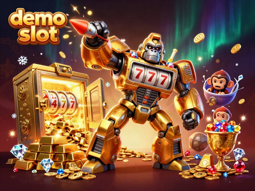 Engage with the thrilling demo slot world through a colorful 3D scene with a golden gorilla mech.