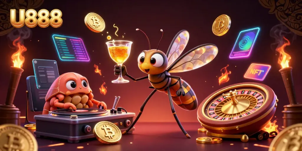 Experience the vibrant U888 casino world with a unique 3D illustration showcasing dynamic characters and crypto elements.