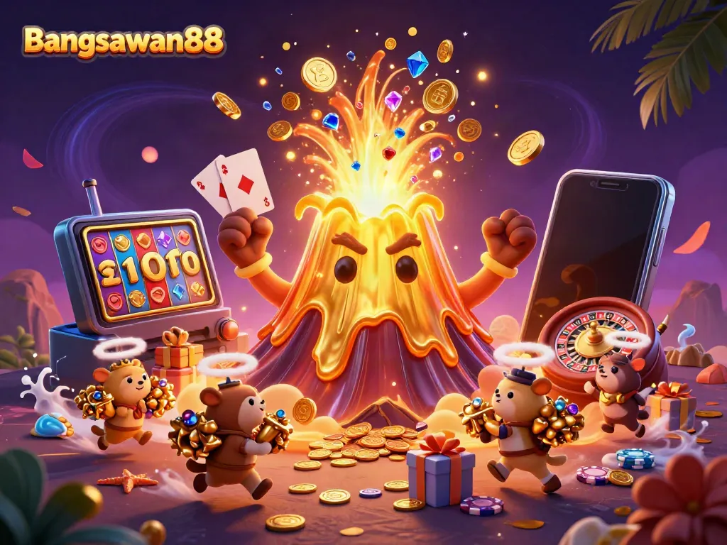 Experience the thrill of Bangsawan88 as treasure erupts from a victorious volcanic scene.